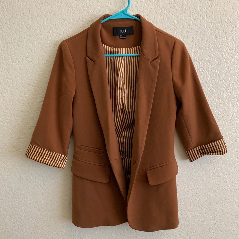 F21 brown blazer with inner stripes